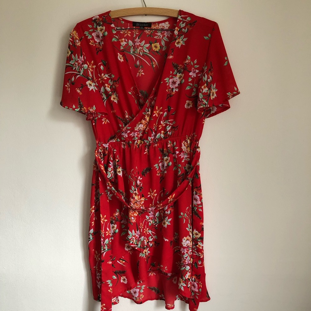 Red Floral Dress with Tie Waist